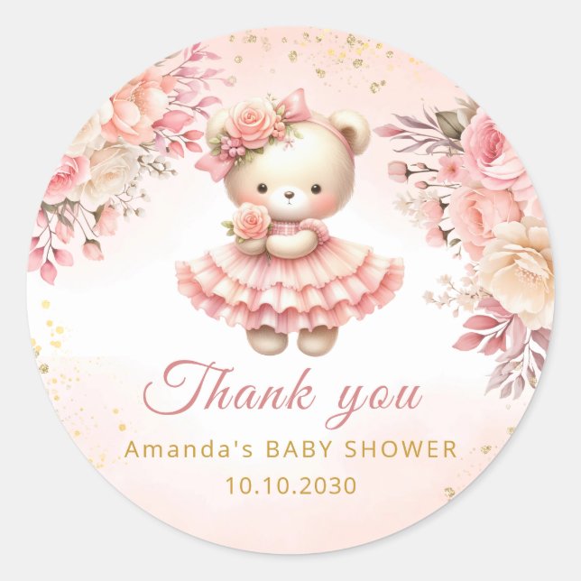Boho cute Teddy Bear Girl Baby Shower Thank You  Classic Round Sticker (Front)