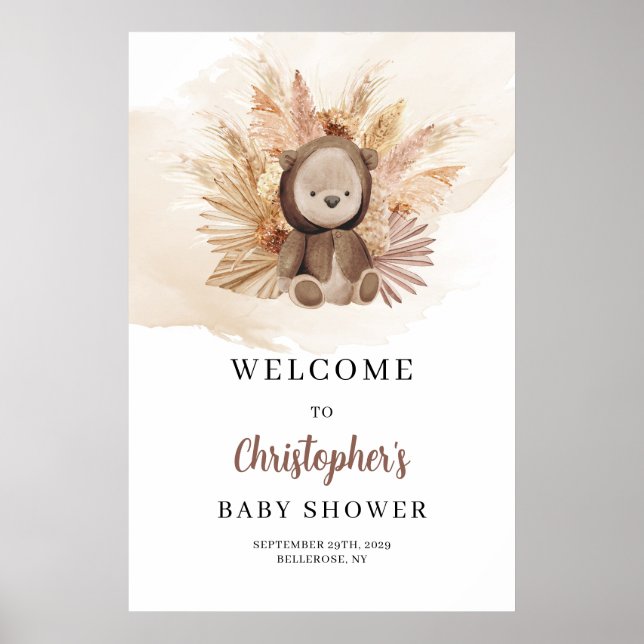 Boho Cute teddy bear tropical Baby Shower Welcome Poster (Front)