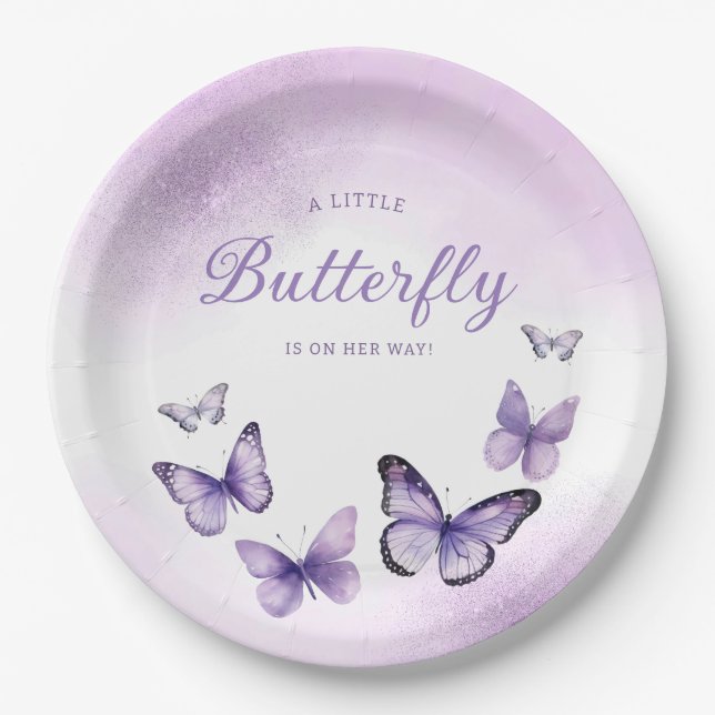 Boho Cute Watercolor purple Butterfly Baby Shower Paper Plate (Front)