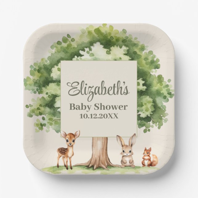 Boho Cute Woodland Animals Baby Shower  Paper Plate (Front)