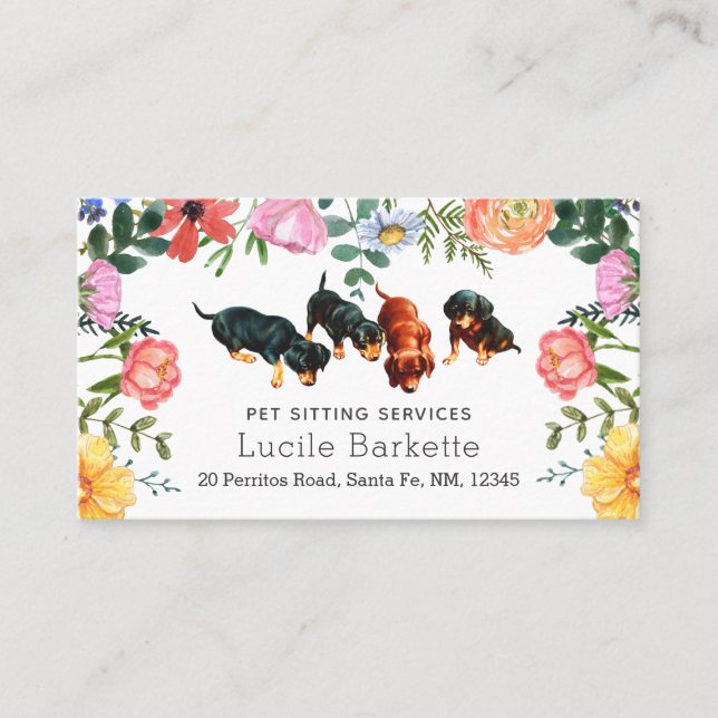 Boho Dachshunds Pet Sitting Wildflowers White Business Card (Front)
