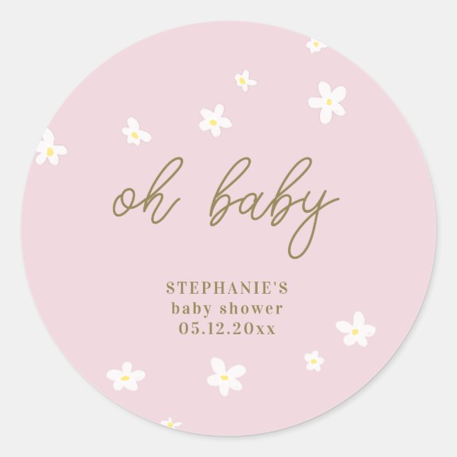 Boho Daisies Blush Pink Gold Oh Baby Girl Shower Classic Round Sticker (Front)