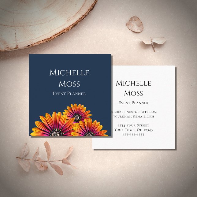  Boho Daisies Botanical Event Planner Navy Blue Square Business Card (Creator Uploaded)