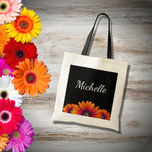 Boho Daisies Colourful Botanical Black  Tote Bag