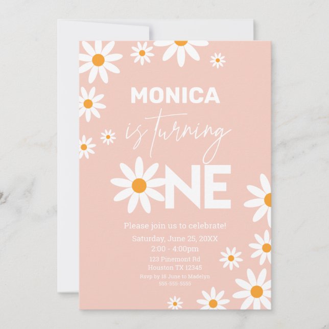 Boho Daisies One Birthday Party Pink invitation (Front)