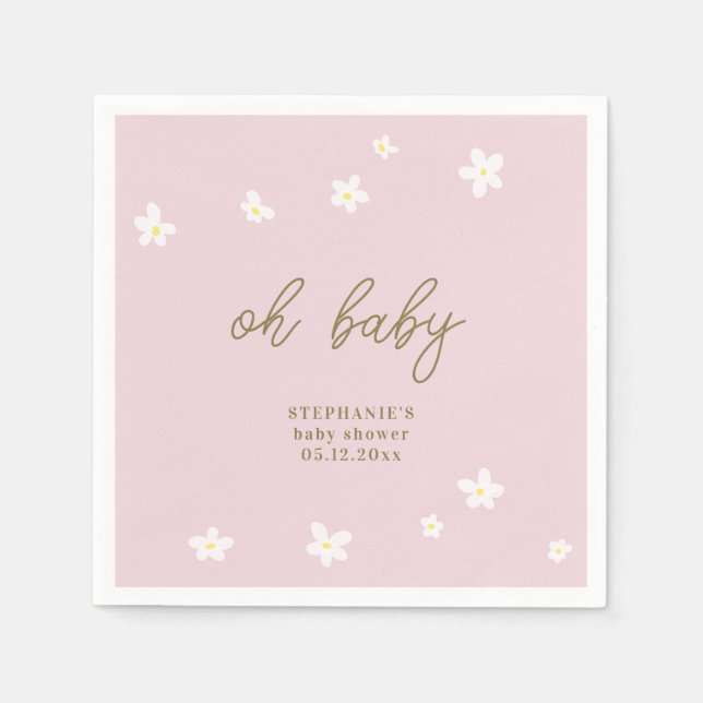 Boho Daisies Pink Gold Oh Baby Girl Shower Napkin (Front)