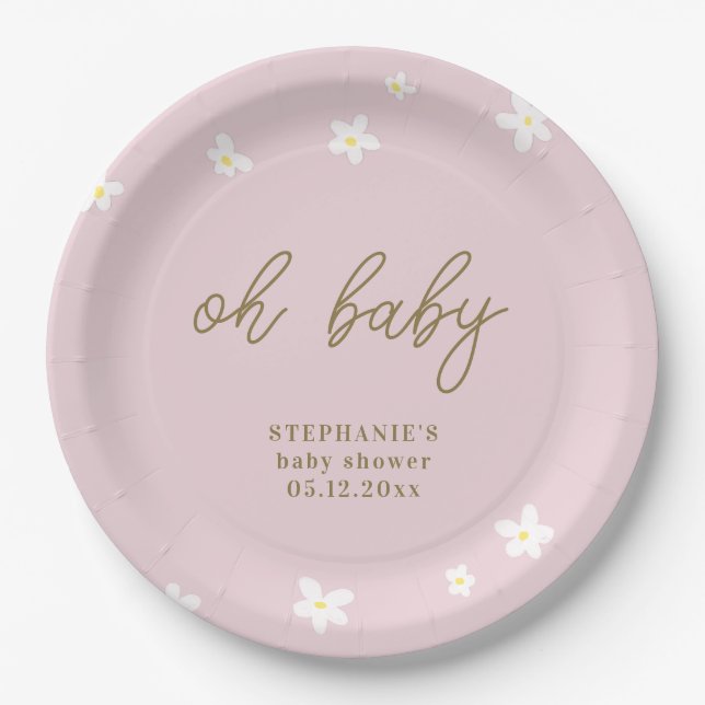 Boho Daisies Pink Gold Oh Baby Girl Shower Paper Plate (Front)