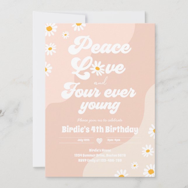 Boho Daisy 4th Birthday Peace Love Four Ever Young Invitation (Front)