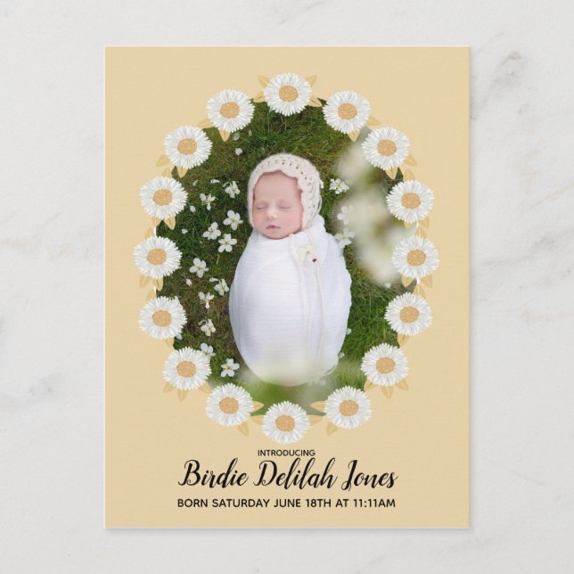 Boho Daisy Baby Girl Birth Announcement Postcard (Front)