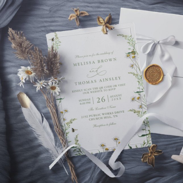 Boho Daisy Beidge Wildflower QR Code Wedding Invitation (Creator Uploaded)