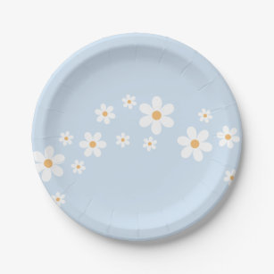 boho Daisy blue Baby Shower Paper Plates