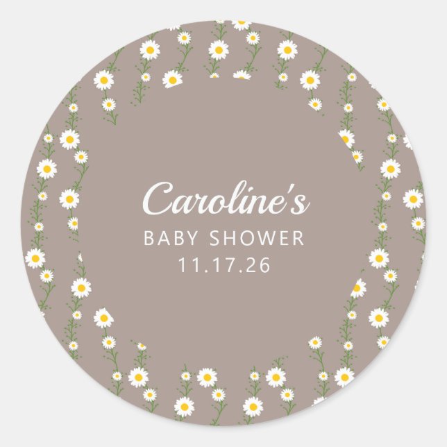Boho Daisy Chain Taupe Custom Script Baby Shower Classic Round Sticker (Front)