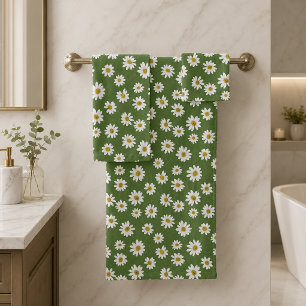 Boho Daisy Floral Pattern Green Bath Towel Set
