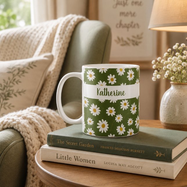 Boho Daisy Floral Pattern Green Coffee Mug (Creator Uploaded)