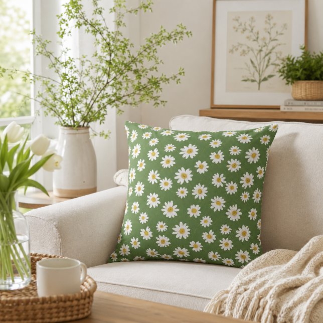 Boho Daisy Floral Pattern Green Cushion (Creator Uploaded)