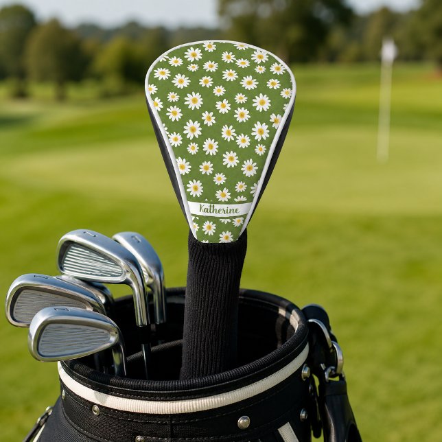 Boho Daisy Floral Pattern Green Name  Golf Head Cover (Creator Uploaded)