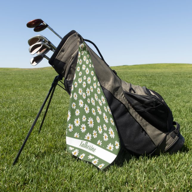 Boho Daisy Floral Pattern Green Name  Golf Towel (Green)