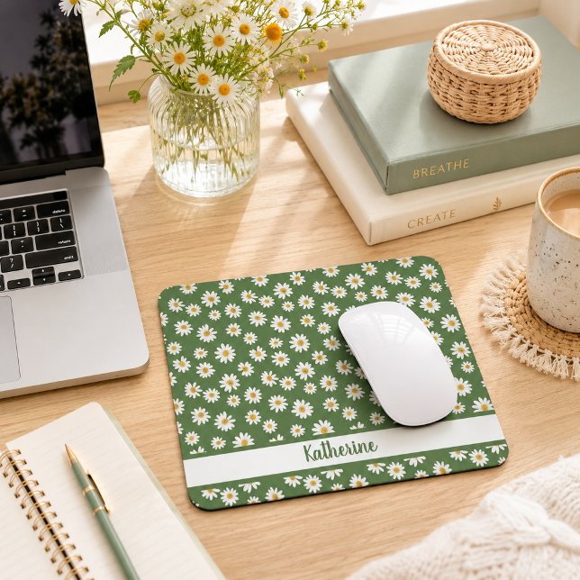 Boho Daisy Floral Pattern Green Name Mouse Pad (Creator Uploaded)