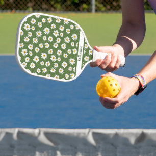 Boho Daisy Floral Pattern Green Name Pickleball Paddle