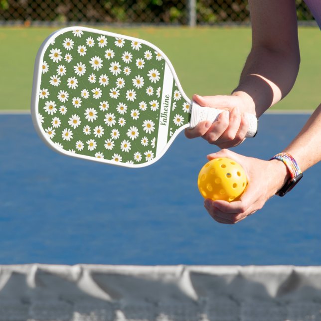 Boho Daisy Floral Pattern Green Name  Pickleball Paddle (Insitu)