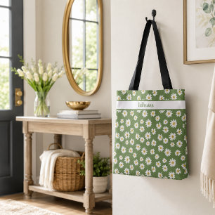 Boho Daisy Floral Pattern Green Name Tote Bag