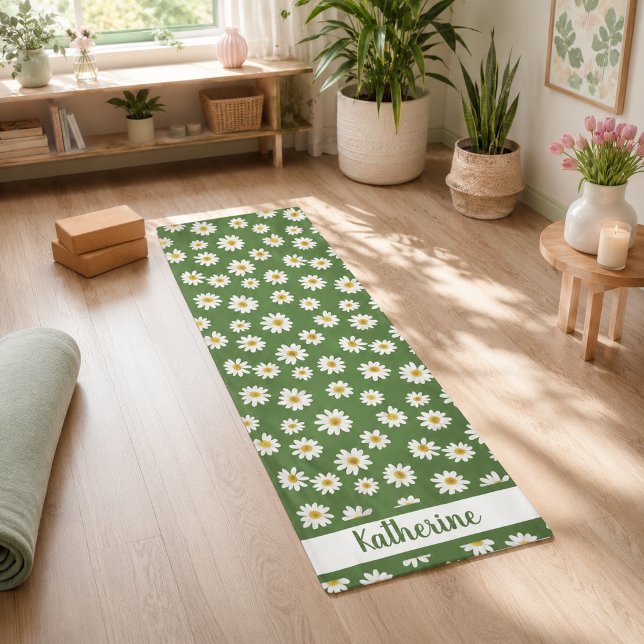 Boho Daisy Floral Pattern Green Name  Yoga Mat (Creator Uploaded)