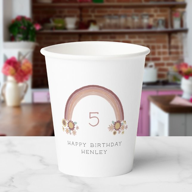 Boho Daisy Floral Rainbow Girls Birthday Paper Cups (Creator Uploaded)