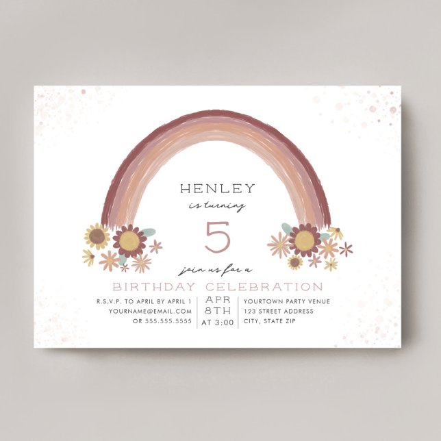 Boho Daisy Floral Rainbow Pink Birthday Invitation (Creator Uploaded)