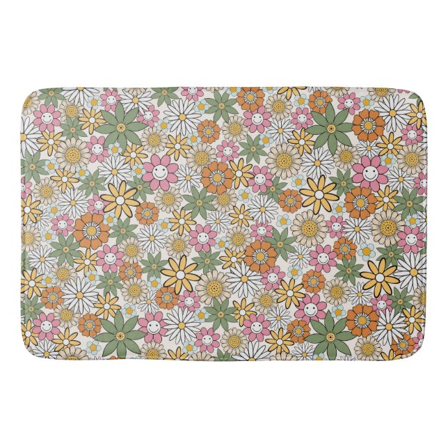 Boho Daisy Flowers 70s Groovy Floral Bath Mat (Front)