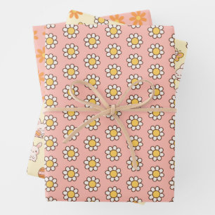 BOHO Daisy Flowers on Pastel Pink Floral Easter Wrapping Paper Sheet