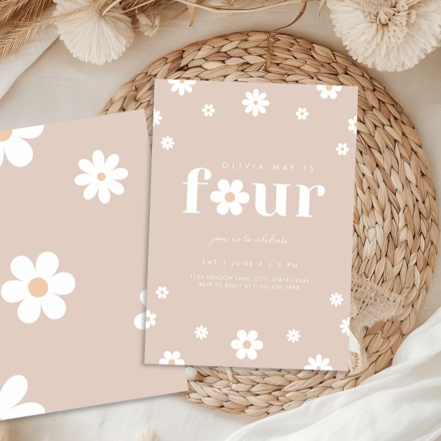 Boho Daisy Fourth Birthday Invitation (Creator Uploaded)