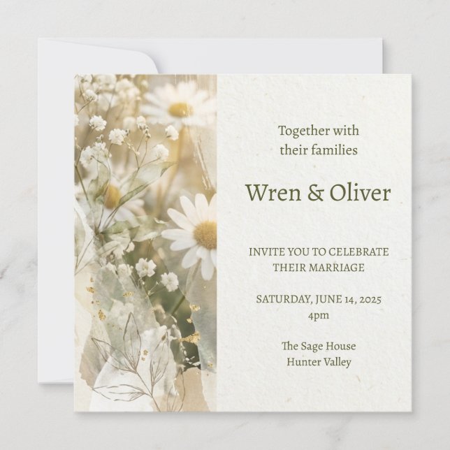 Boho Daisy Gypsophila Wildflower Wedding Invitation (Front)