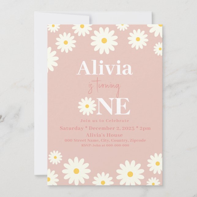 Boho Daisy One Floral Pink Bohemian 1st Birthday Invitation (Front)