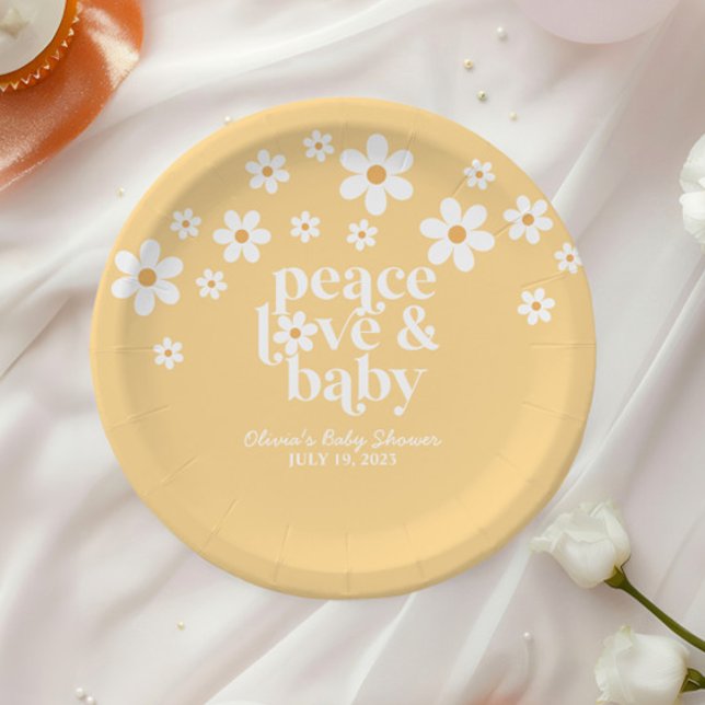 boho Daisy peace love baby yellow Paper Plate (Creator Uploaded)