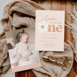 Boho Daisy Photo First Birthday Girl Invitation