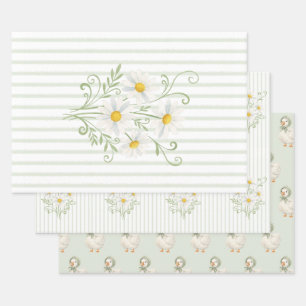 Boho Daisy Silly Goose Sage Green Baby Shower Wrapping Paper Sheet