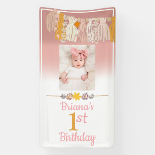 Boho Daisy Tassel Custom Photo Pink First Birthday Banner