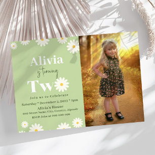 Boho Daisy Two Floral Green Bohemian 2nd Birthday Invitation
