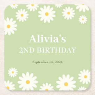Boho Daisy Two Floral Green Bohemian 2nd Birthday Square Paper Coaster