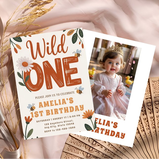Boho Daisy Wild One First Birthday Photo  Invitation (Creator Uploaded)