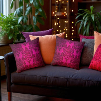 Boho Damask Deep Glowing Pink Victorian Style Cushion