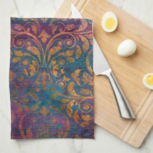 Boho damask elegant purple blue gold  tea towel