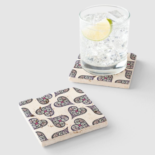 Boho Damask Heart Pattern Elegant Feminine Chic Stone Coaster (Side)