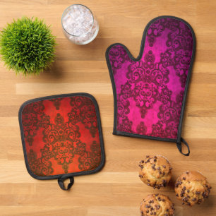 Boho Damask Vibrant Pink and Red Pattern Oven Mitt & Pot Holder Set