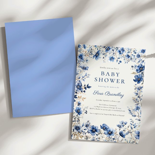 Boho Dark and Dusty Blue Wildflowers Baby Shower Invitation (Boho Dark and dusty blue crisp white wildflowers Baby shower Invitation)