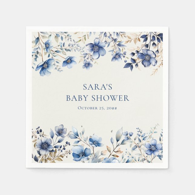 Boho Dark and Dusty Blue Wildflowers Baby Shower Napkin (Front)