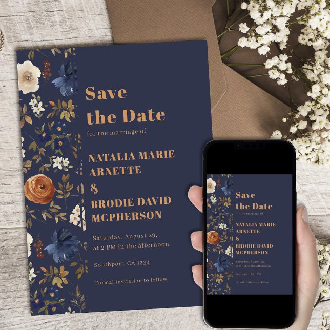 Boho Dark Blue Floral Wedding Save the Date  (Creator Uploaded)