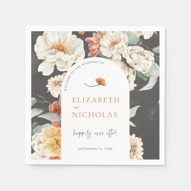 Boho Dark Floral Greenery Botanical Wedding Napkin (Front)