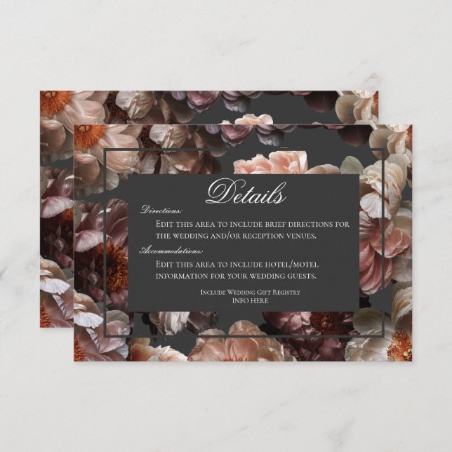 Boho Dark Peony Flower Modern Wedding Details Enclosure Card (Front/Back)