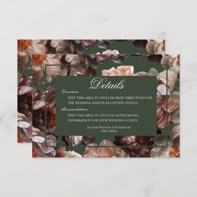 Boho Dark Peony Flower Modern Wedding Details  Enclosure Card (Front/Back)